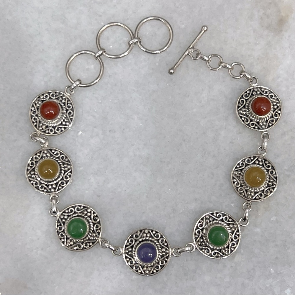 Multicolor Jade Sterling Silver Toggle Bracelet